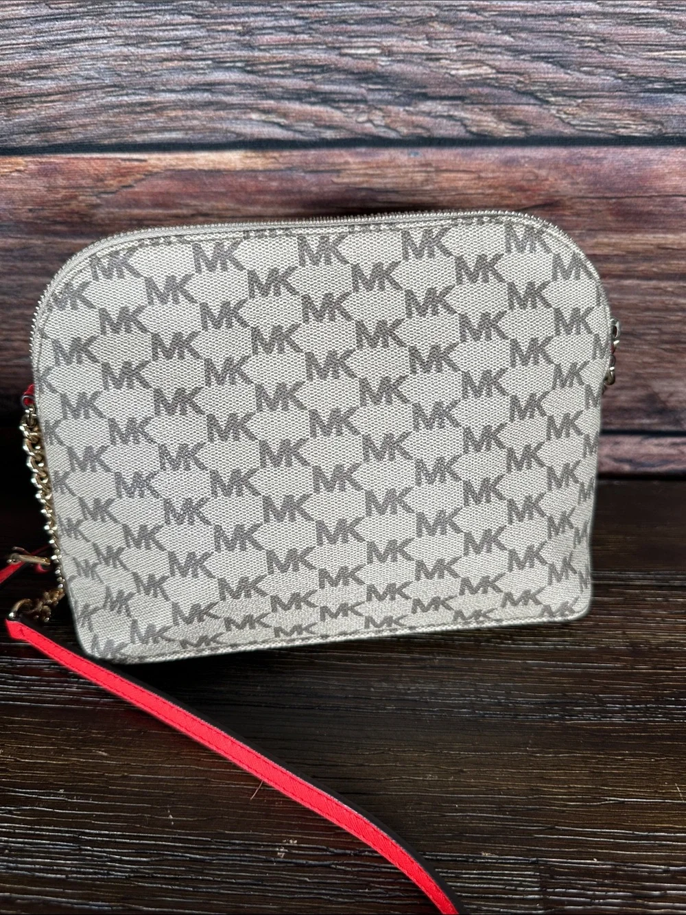 Michael Kors Cindy Beige MK Monogram Crossbody with Bright Red Strap